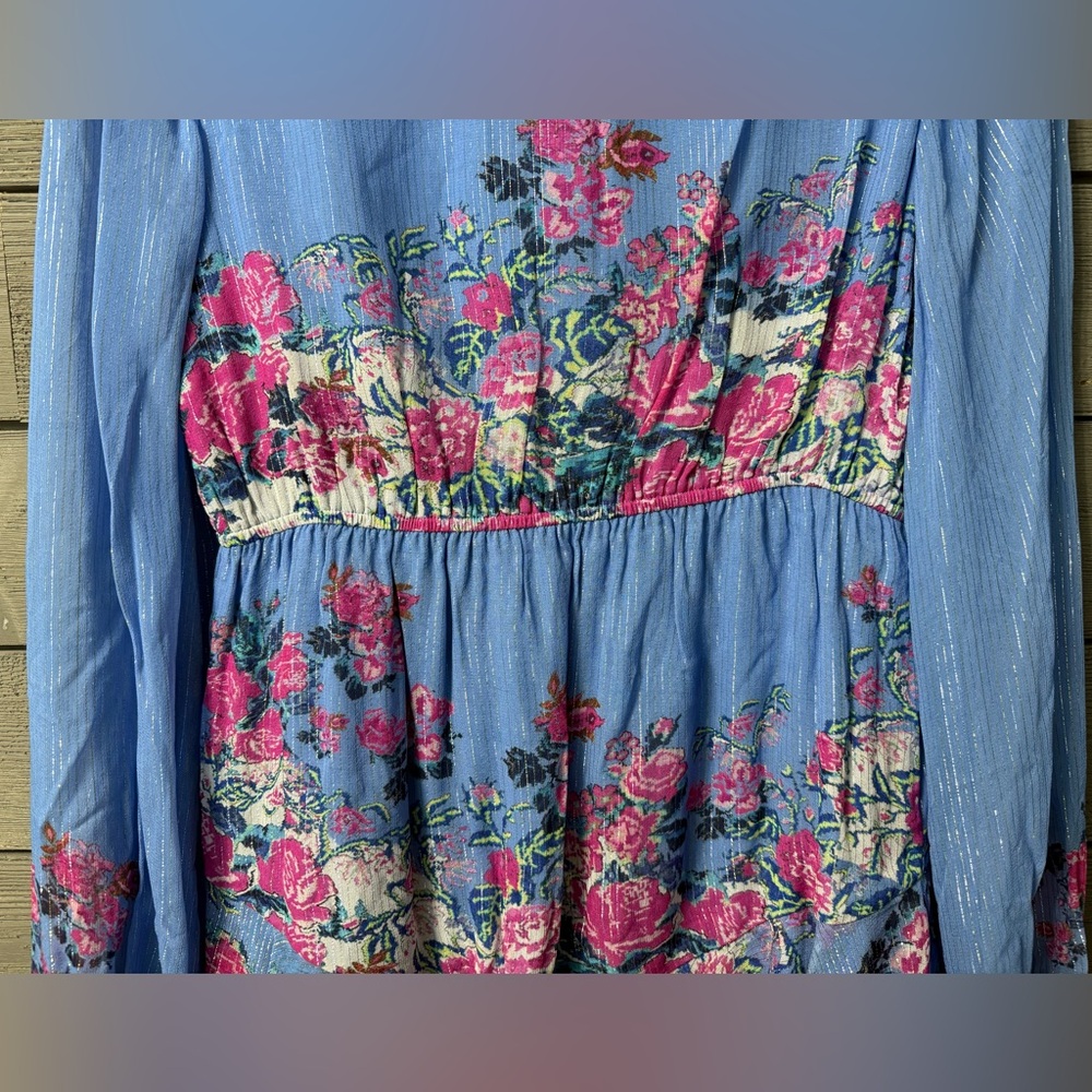 NWT Hemant & Nandita Mila Floral Metallic Stripe Dress Stone Blue L Valentines - Picture 15 of 16
